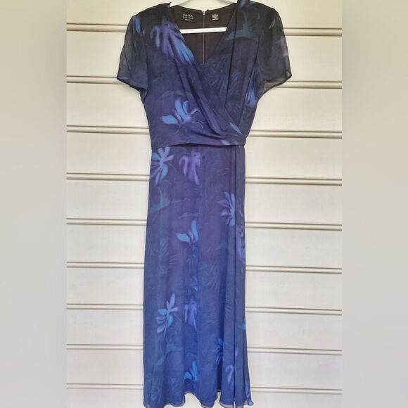 Vintage Dana Buchman 100% Silk Short Sleeve Wrap Midi Dress Dark Blue 16 - Picture 1 of 10